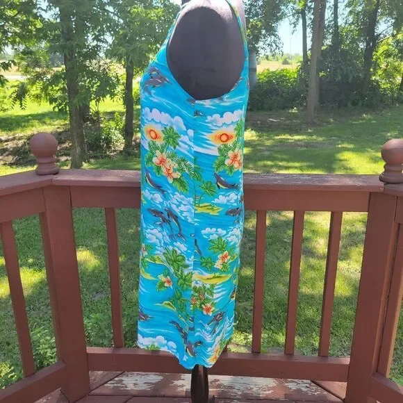 ALOHA Women's Blue Hawaiian Print Sleeveless Summer Mini Dress Size Medium - Picture 5 of 12